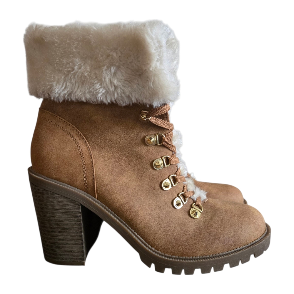 G by Guess Heeled Boots Womens Size 10M Tan Faux Fur Cuffs Lace Up GGJURSY